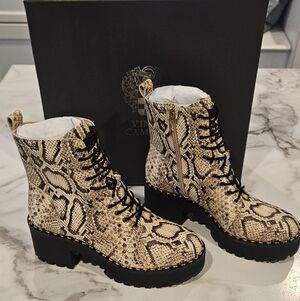 Vince Camuto Tan Snake-Print Lace-Up Combat Boots